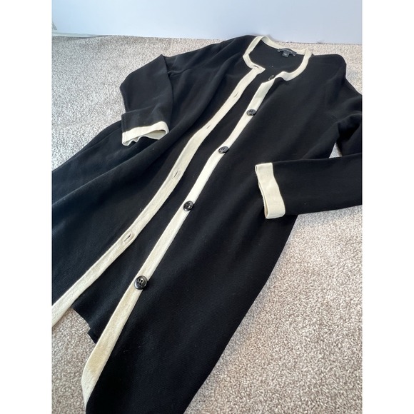 Anne Taylor Black Long Sleeve Cardigan With White Detail Long Wool Blend Sz L - Picture 3 of 4